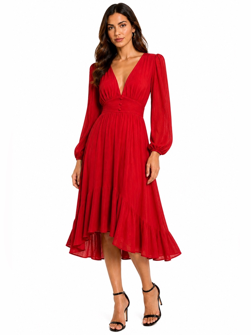 Retro Pinup Red Long-Sleeve V-Neck Midi Open Back Party Cocktail Size Large